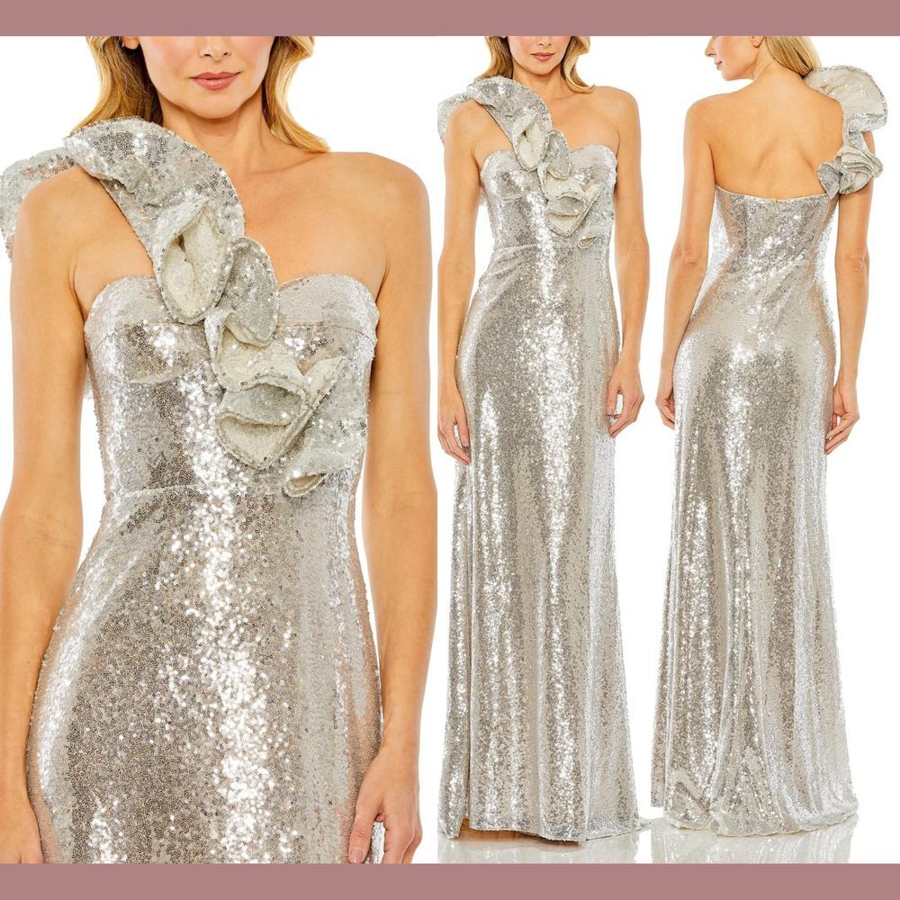 NWT $498 Mac Duggal [‎ 8 ] Sequin Ruffled One Shoulder Gown Nude Silver #68513